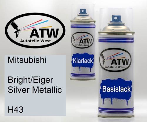 Mitsubishi, Bright/Eiger Silver Metallic, H43: 400ml Sprühdose + 400ml Klarlack - Set, von ATW Autoteile West.